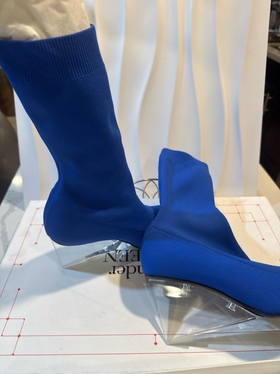 Shoes - Alexander McQueen Electric Blue Sock Boots with Clear Wedge Heels